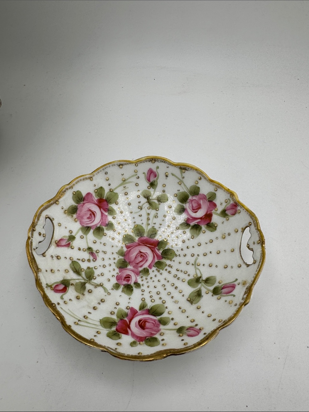 Vintage Hand Painted Nippon Floral Porcelain Bowl with Handles Gold and Pink